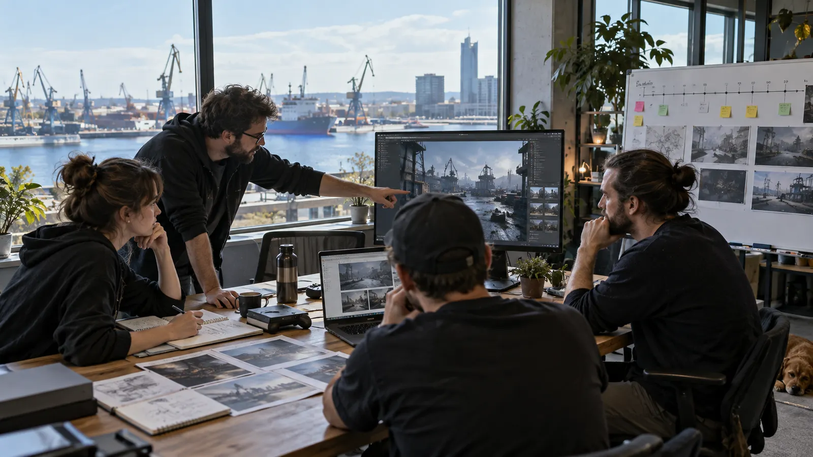 Zespół producentów omawiający aktualny build gry